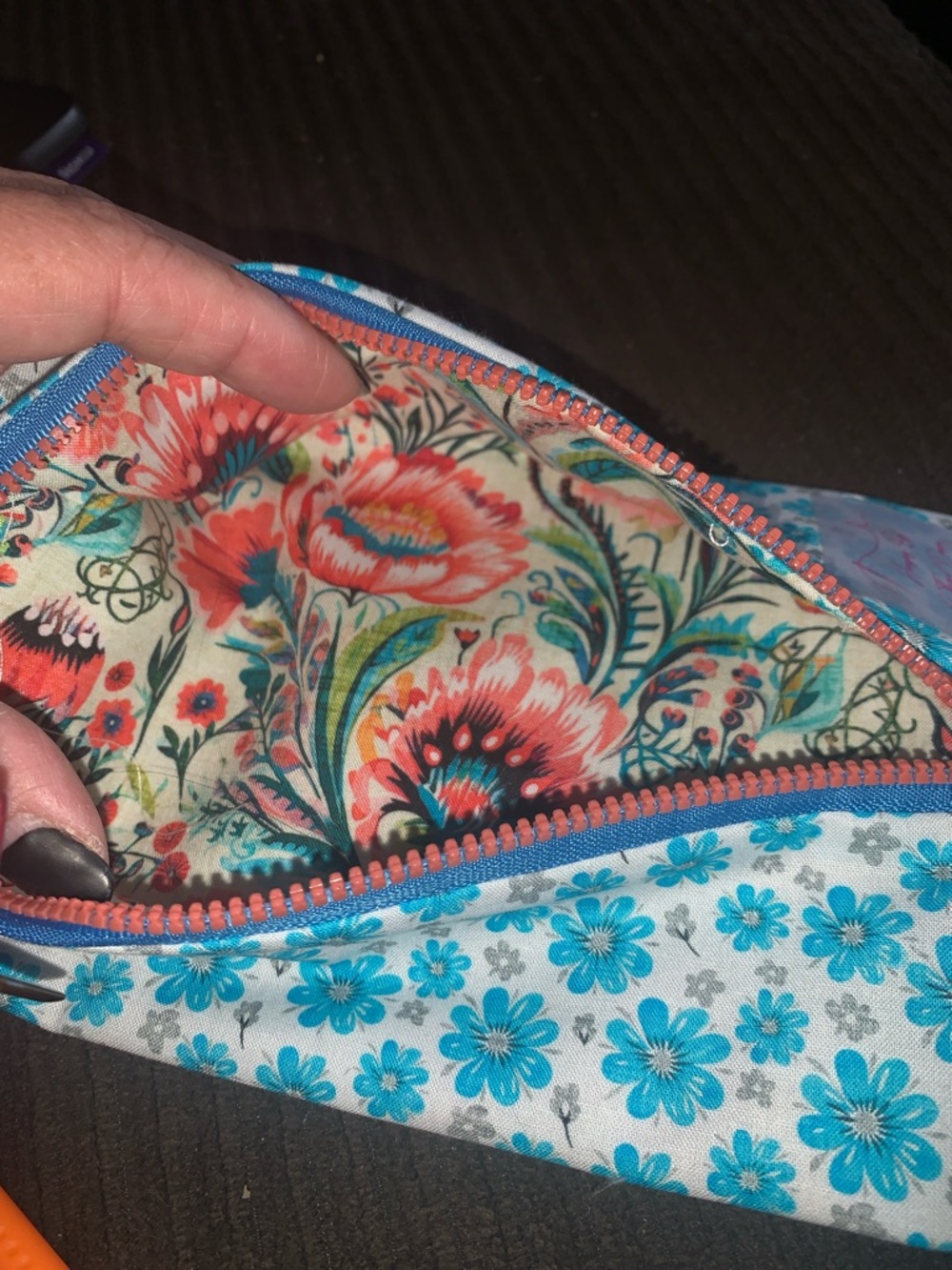 Floral Blue Cotton Pencil Case with Coral Zipper - Picture 3 of 8